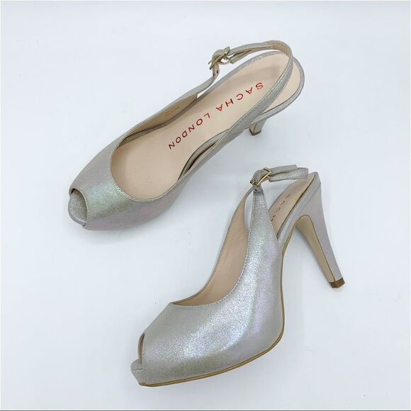 Lulu Townsend Tara Iridescent Silver Sling Back Peep Toe Platform Evening Heels - Picture 10 of 15
